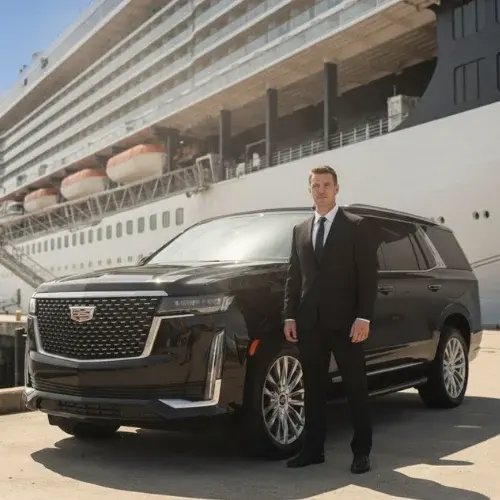 A professional chauffeur in a black suit standing in front of a luxury black SUV with a cruise ship in the background A professional chauffeur in a black suit standing in front of a luxury black SUV with a cruise ship in the background