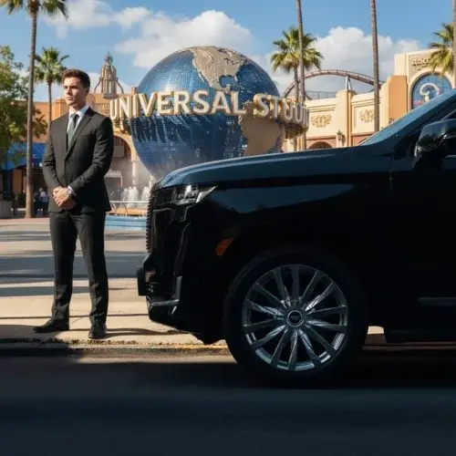 A professional chauffeur in a black suit standing next to a luxury black SUV at the Universal Studios entrance A professional chauffeur in a black suit standing next to a luxury black SUV at the Universal Studios entrance
