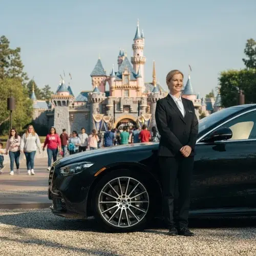 A professional female chauffeur in a black suit standing in front of a luxury black car with a Disney theme park castle in the background A professional female chauffeur in a black suit standing in front of a luxury black car with a Disney theme park castle in the background