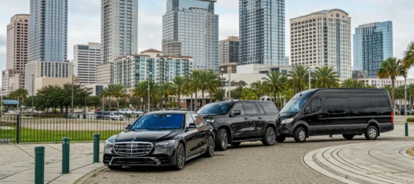FS Premier Transportation luxury fleet featuring a black sedan, SUV, and executive van parked in front of a modern city skyline