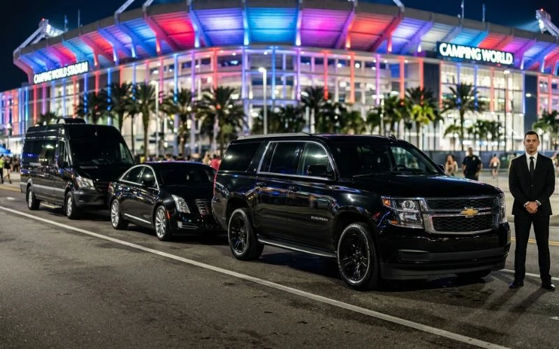 A chauffeur standing next to a black limousine