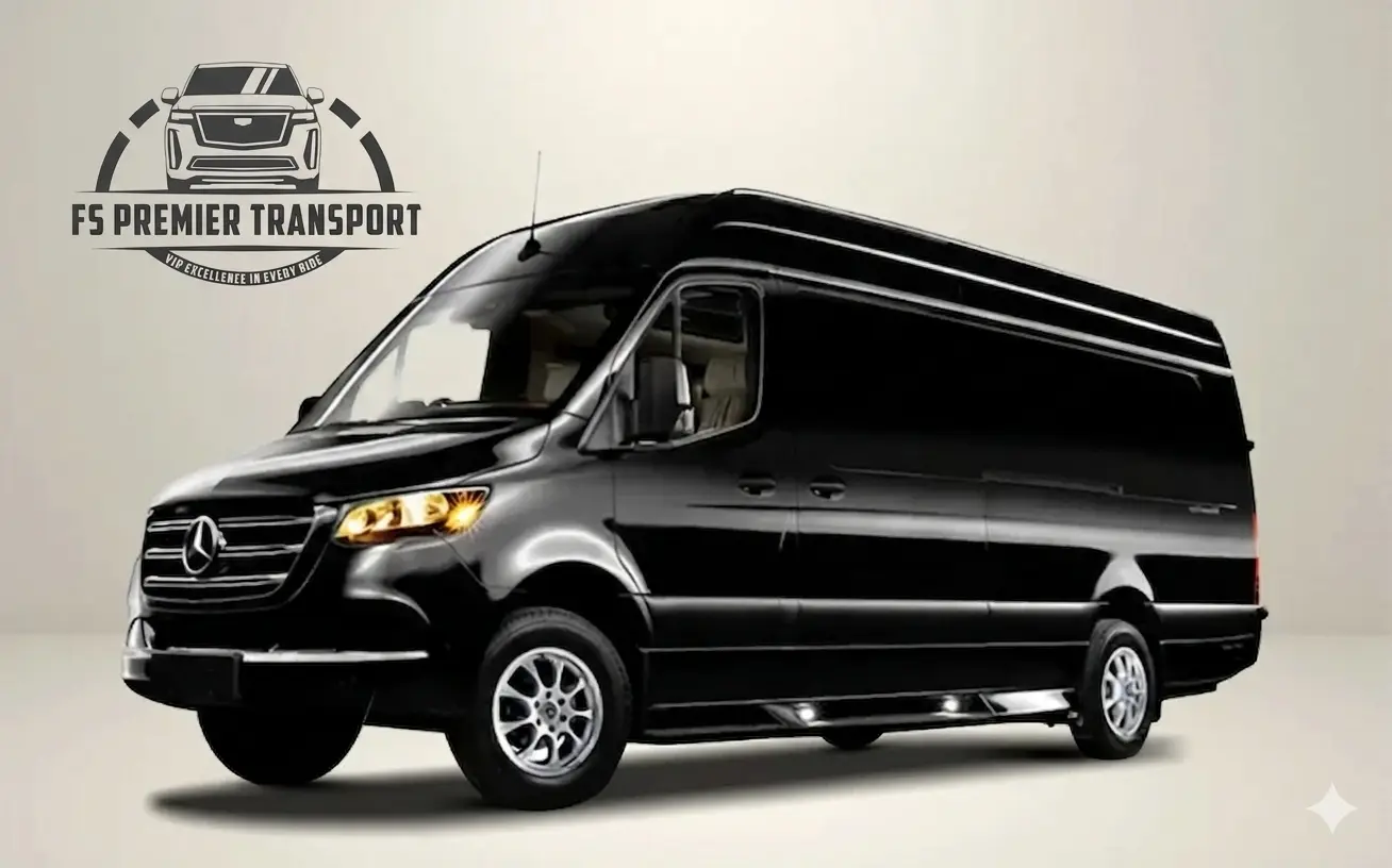 Luxury black Mercedes Sprinter van, featured by FS Premier Transport