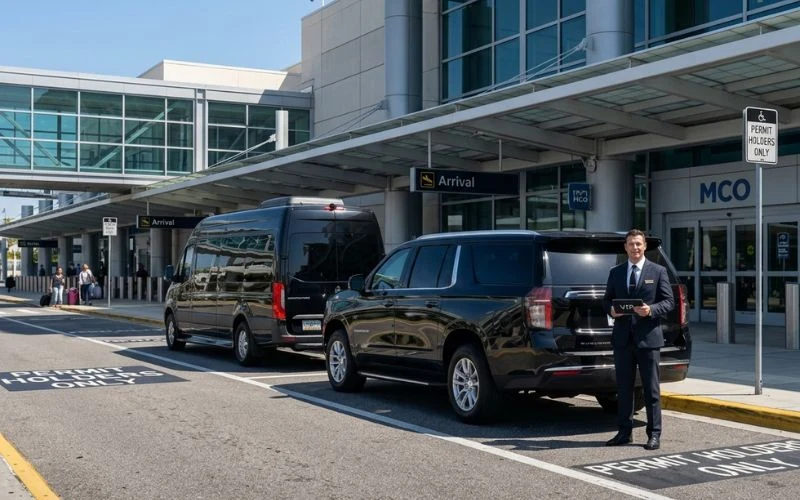 chauffeur holding vip tablet by black luxury vehicles