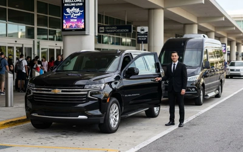 chauffeur standing by black suv at airport terminal
