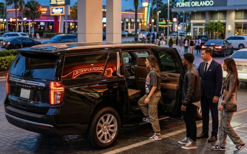 passengers entering a black luxury suv at pointe orlando