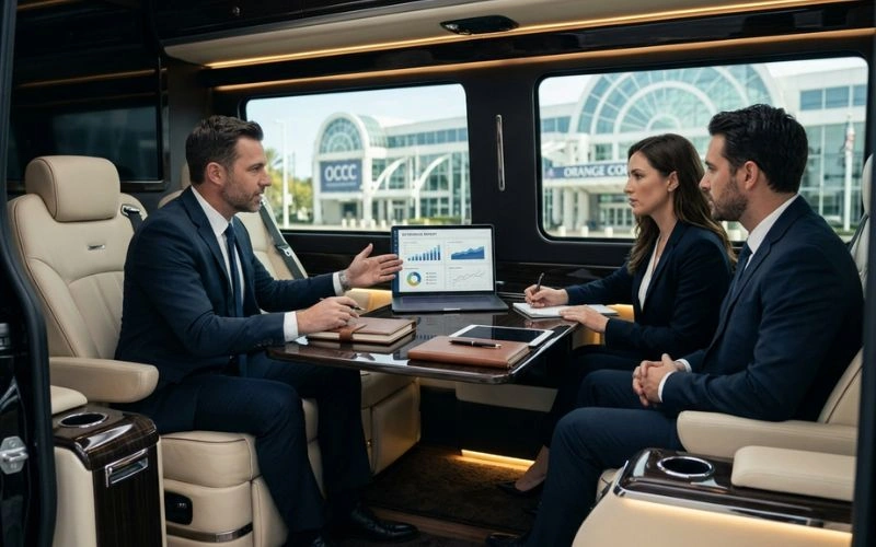businesspeople having meeting inside luxury sprinter van luxury