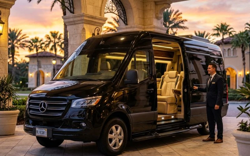 luxury black sprinter van parked outside resort hotel