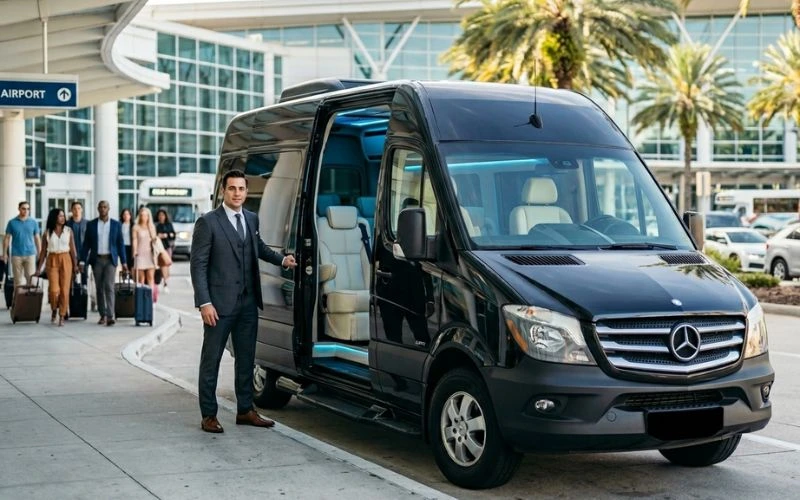 luxury black van parked outside an airport terminal
