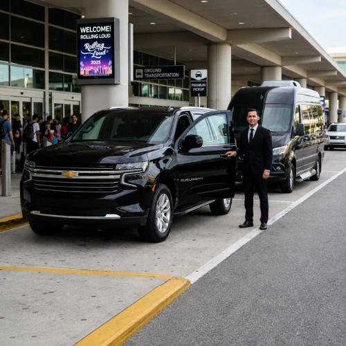 Chauffeur beside a luxury SUV at the airport pickup area.