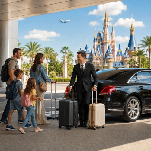 Chauffeur greeting a family beside a luxury sedan with luggage for a Disneyland transfer.