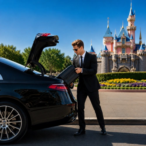 Chauffeur loading luggage into a luxury sedan for a Disneyland transfer.
