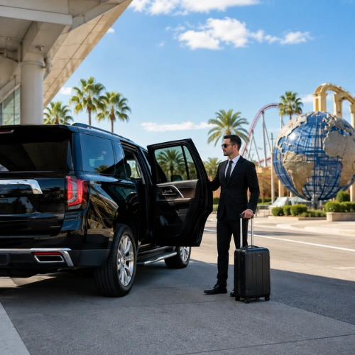 Luxury SUV and chauffeur with luggage at Universal Orlando pickup area.